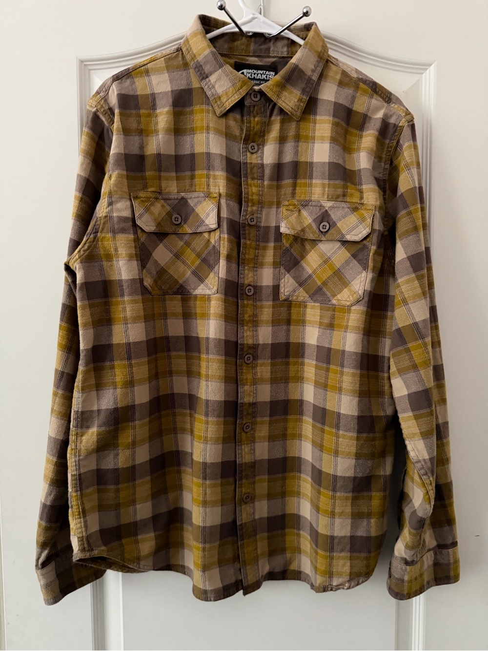 Mountain Khakis Classic Fit Flannel Shirt Olive Grey Tan Plaid Men's L